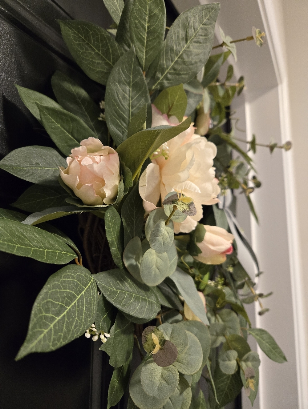 Spring Everyday Wreath with White Peony, Ranunculus, Greenery, and Cotton Bow - Picture 4 of 4